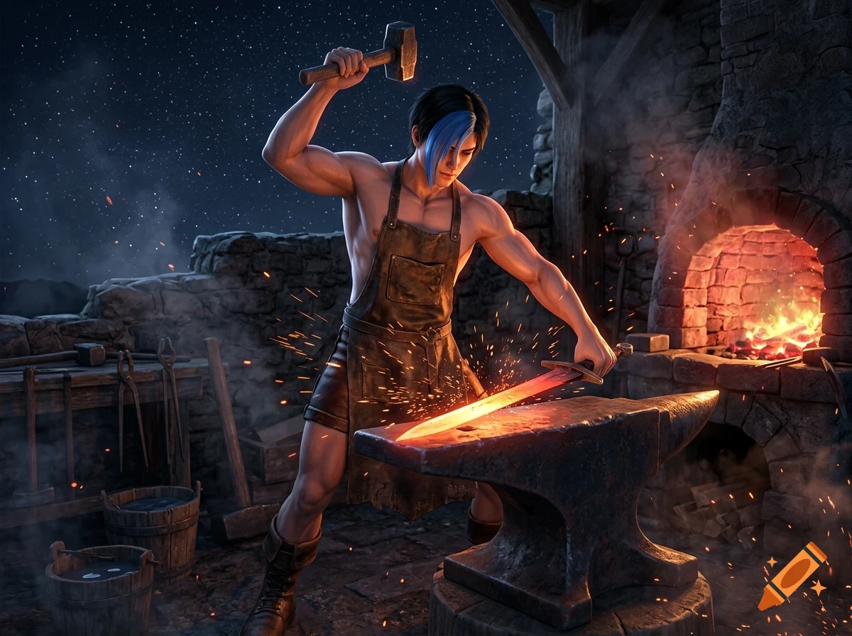 A muscular blacksmith wearing a leather apron and boots hammers a glowing red-hot sword on an anvil in a rustic stone forge at night.