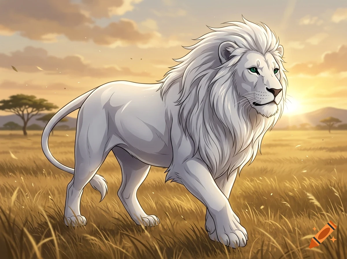 A majestic white lion walking through a grassy savanna at sunset.
