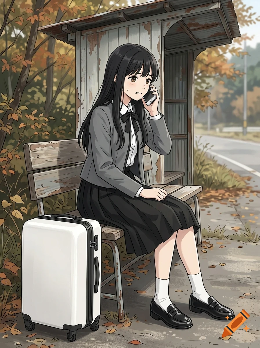 An anime style illustration of a young woman with long black hair sitting on a wooden bench at a bus stop, talking on her smartphone, with a white suitcase next to her.
