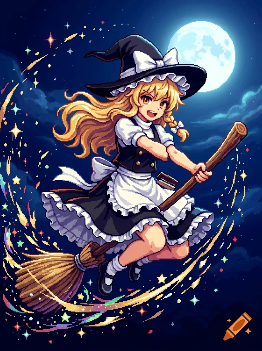 Pixel art of a blonde witch flying on a broomstick against a full moon night sky with glowing stars.