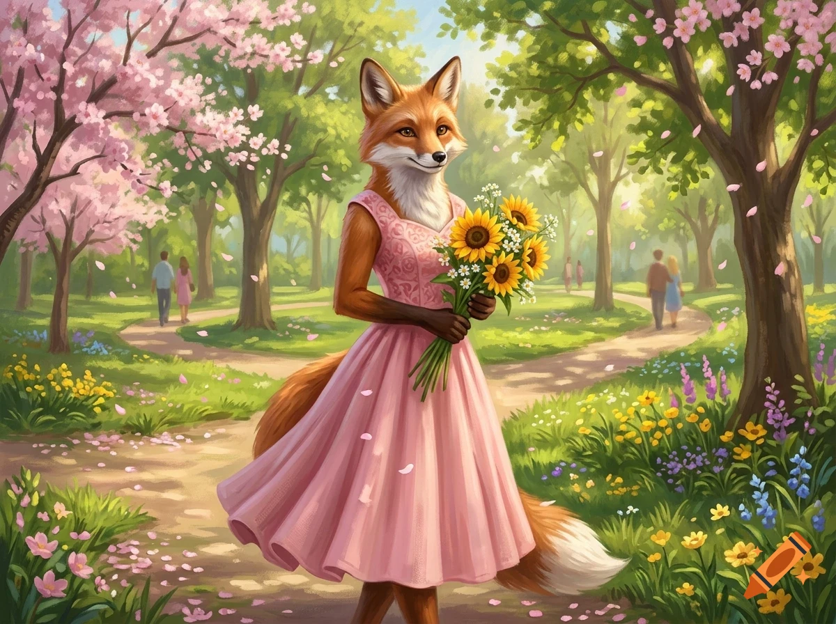 An anthromorphic fox wearing a pink dress stands on a path in a park, holding a bouquet of sunflowers.
