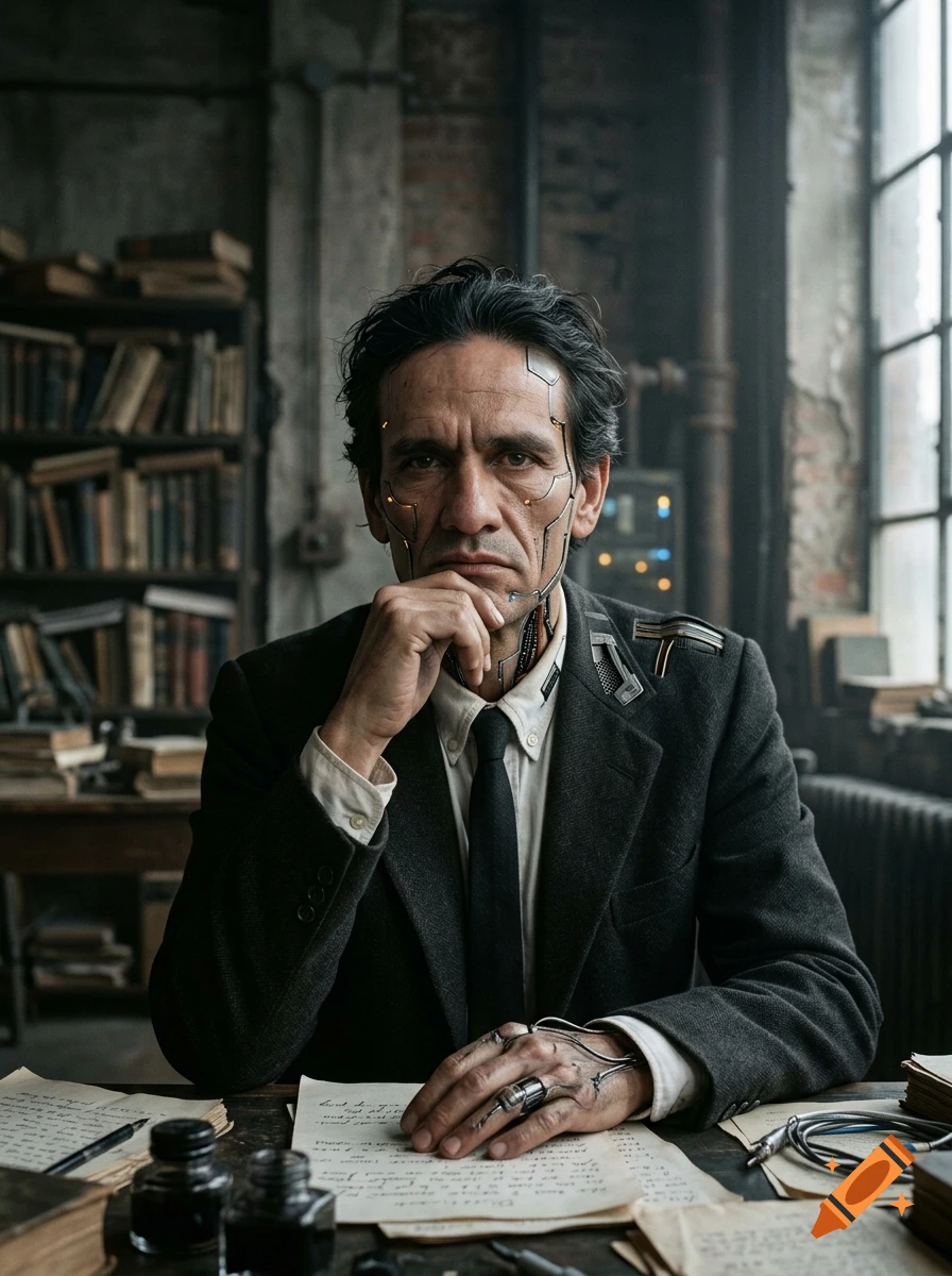Photorealistic portrait of a male cyberpunk cyborg writer with cybernetic facial implants and hand, sitting at a desk with books and papers in a study.