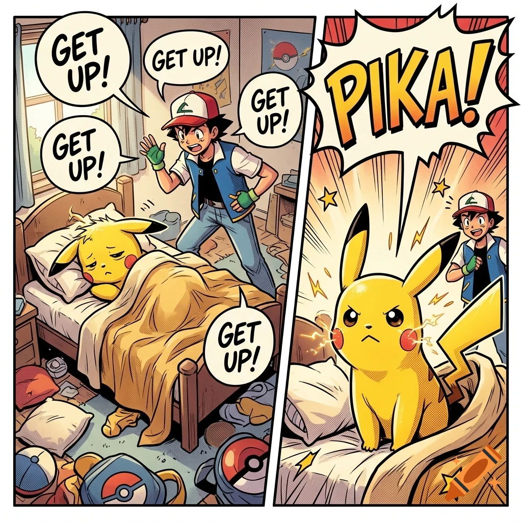 A two-panel comic illustration showing Ash trying to wake up a sleepy Pikachu in bed.