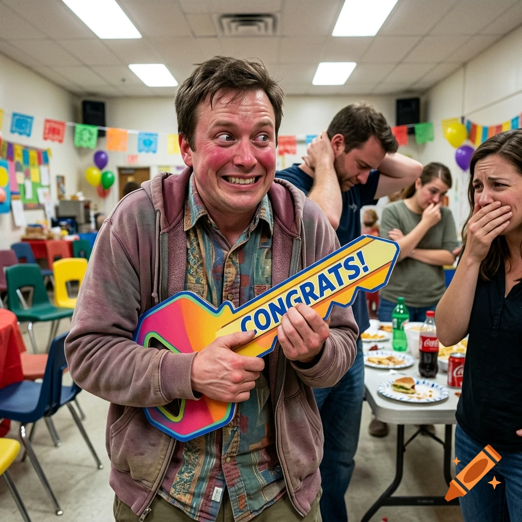 Man holding a large oversized key that says CONGRATS! while people around him react with awkward expressions in a school cafeteria.