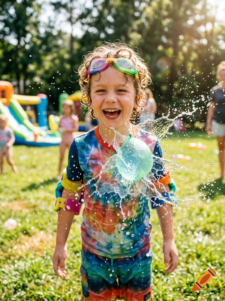 A smiling child wearing goggles laughs as a water balloon bursts in front of them in a sunny backyard.