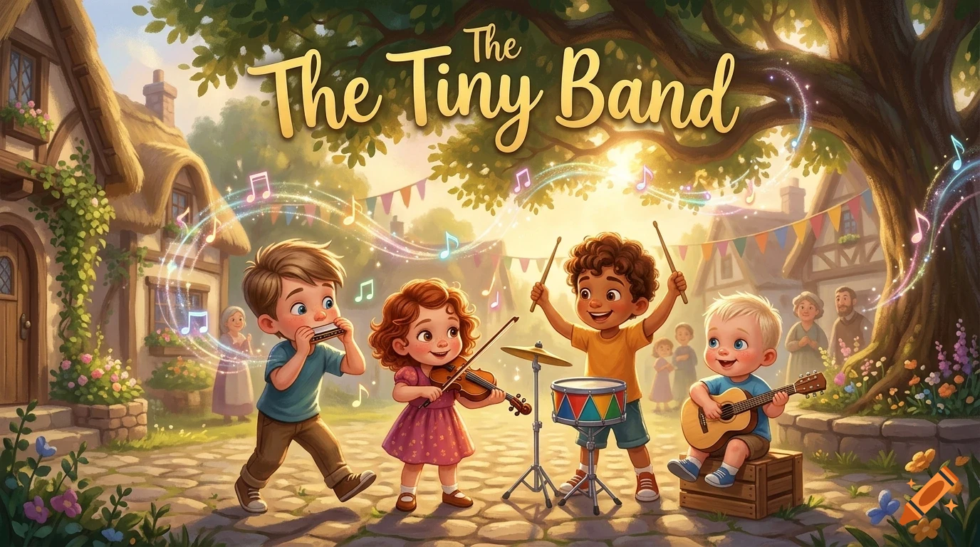 Four children playing musical instruments outdoors in a village square with the text The Tiny Band above them.