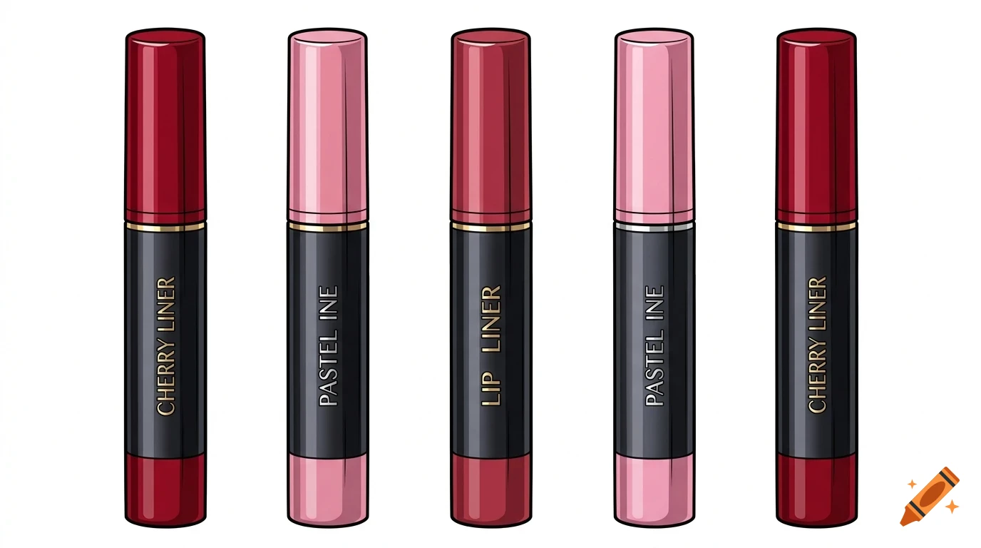 Five different cosmetic pencil liners aligned vertically, featuring red and pink caps with dark bodies and printed text.