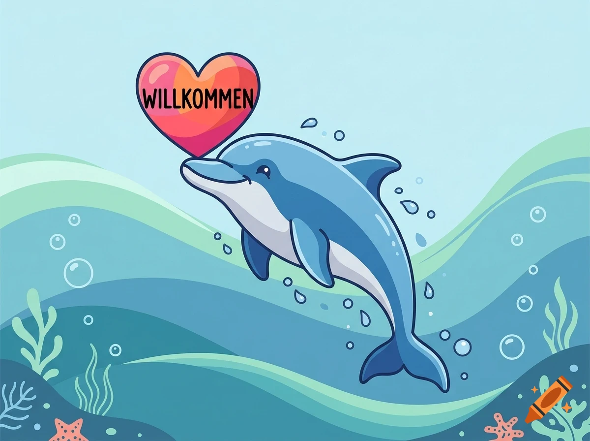 A friendly blue dolphin leaps from the ocean waves, balancing a heart-shaped sign above its snout that says WILLKOMMEN.