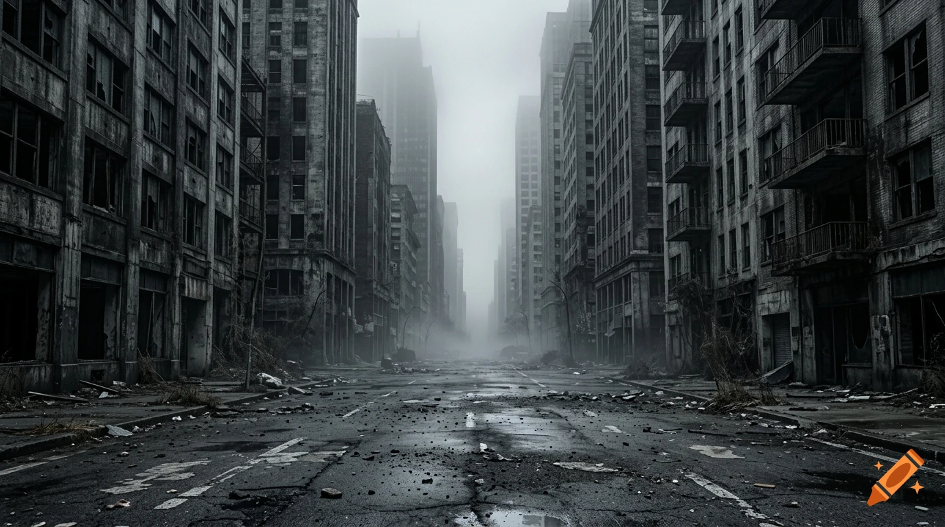 Photorealistic desaturated abandoned city street with looming dark concrete skyscrapers and foggy sky.