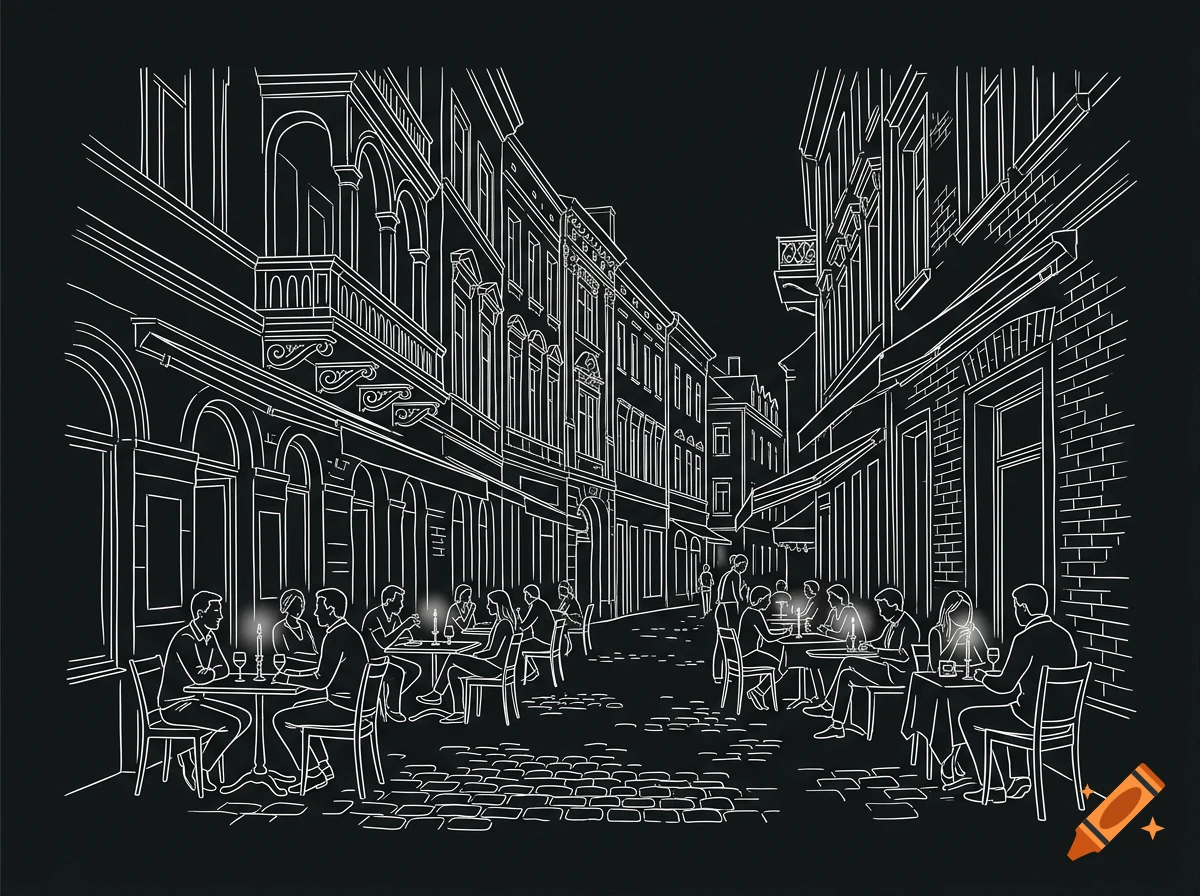 A white line-drawing illustration of a European city street at night with people sitting at outdoor café tables.