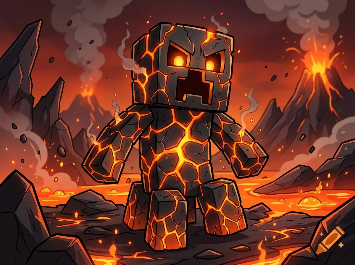 An angry, blocky creature resembling a Minecraft character made of glowing, cracked rock with lava inside, standing in a volcanic landscape.