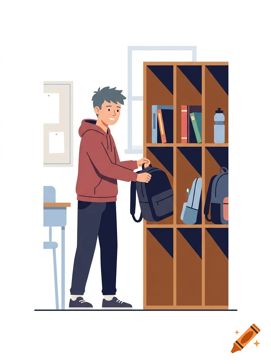 Flat vector illustration of a teenage boy in a red hoodie putting a backpack into a wooden locker cubby in a classroom.