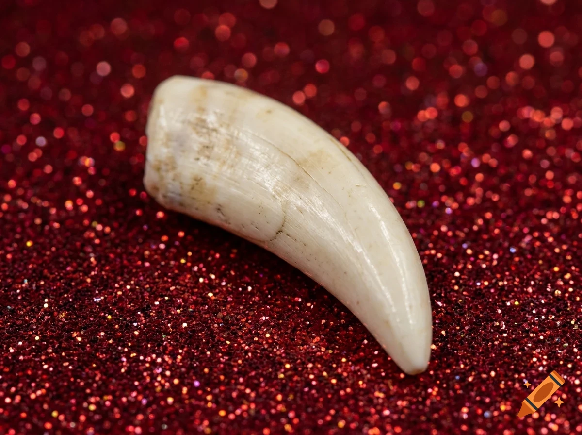 A large animal tooth rests against a sparkling red glitter background.