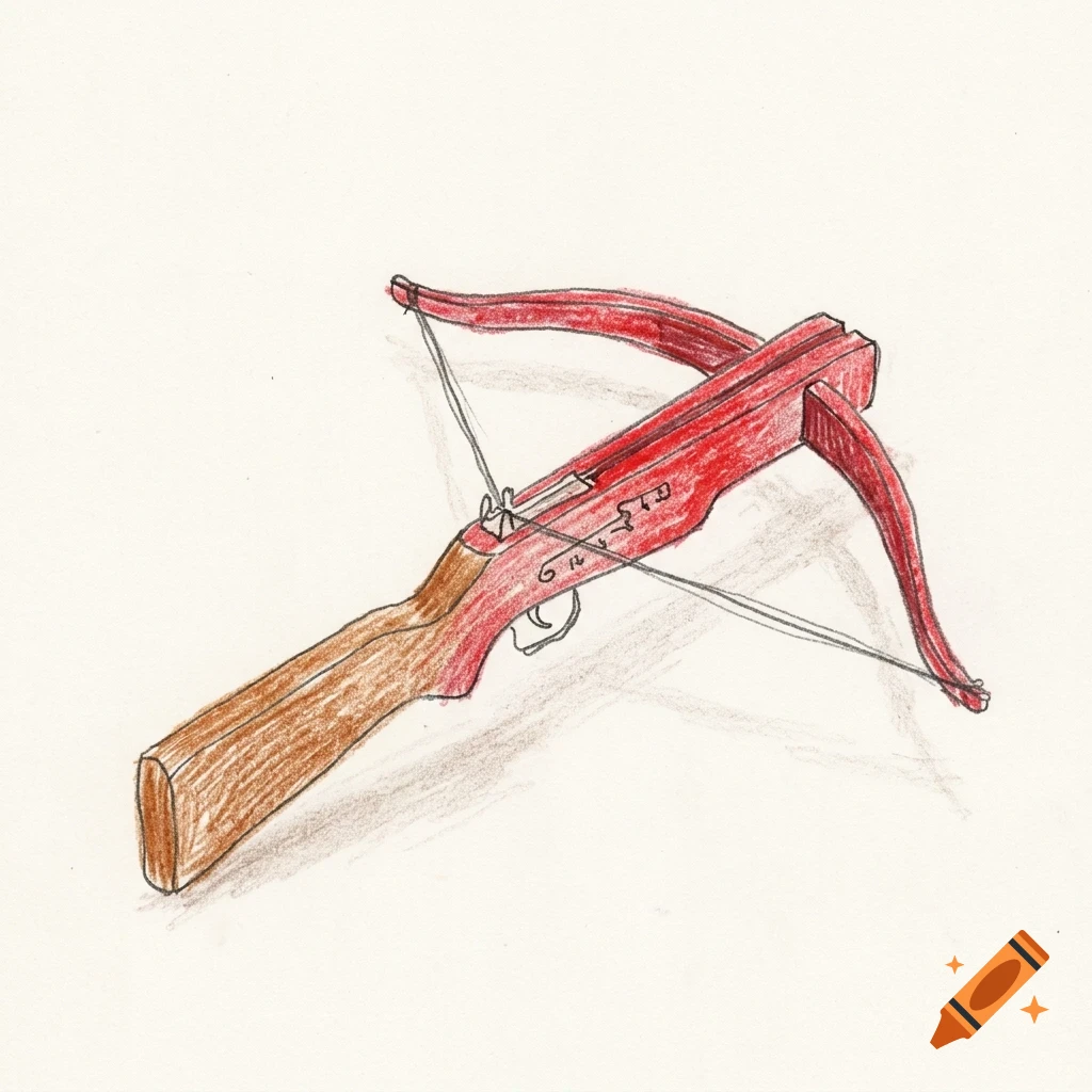 Colored pencil drawing of a red and brown wooden crossbow viewed from an elevated angle on a plain background.
