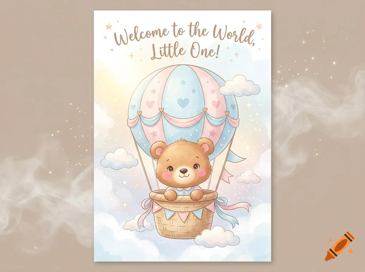 Watercolor illustration of a cute teddy bear in a pastel pink and blue hot air balloon surrounded by clouds with the text Welcome to the World Little One