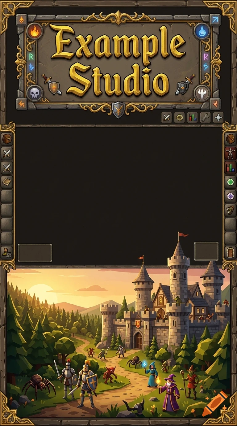 Fantasy game menu interface with the text Example Studio, decorative borders, and an illustration of a medieval castle, knights, and wizards in a forest.