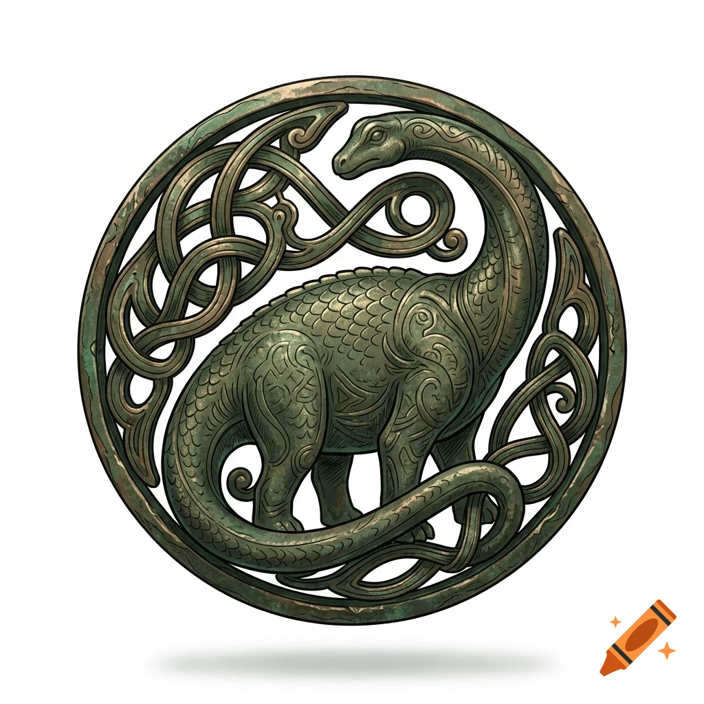 A circular bronze-like medallion featuring an engraved long-necked dinosaur surrounded by Celtic knotwork patterns.