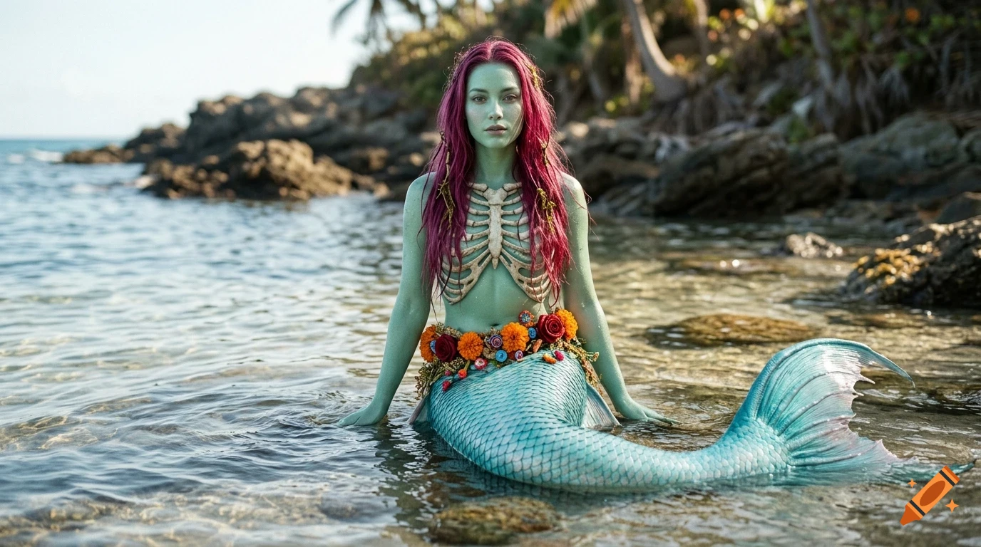 A mermaid with green skin, bright pink hair, and a blue fishtail sitting in shallow water near a rocky shore.