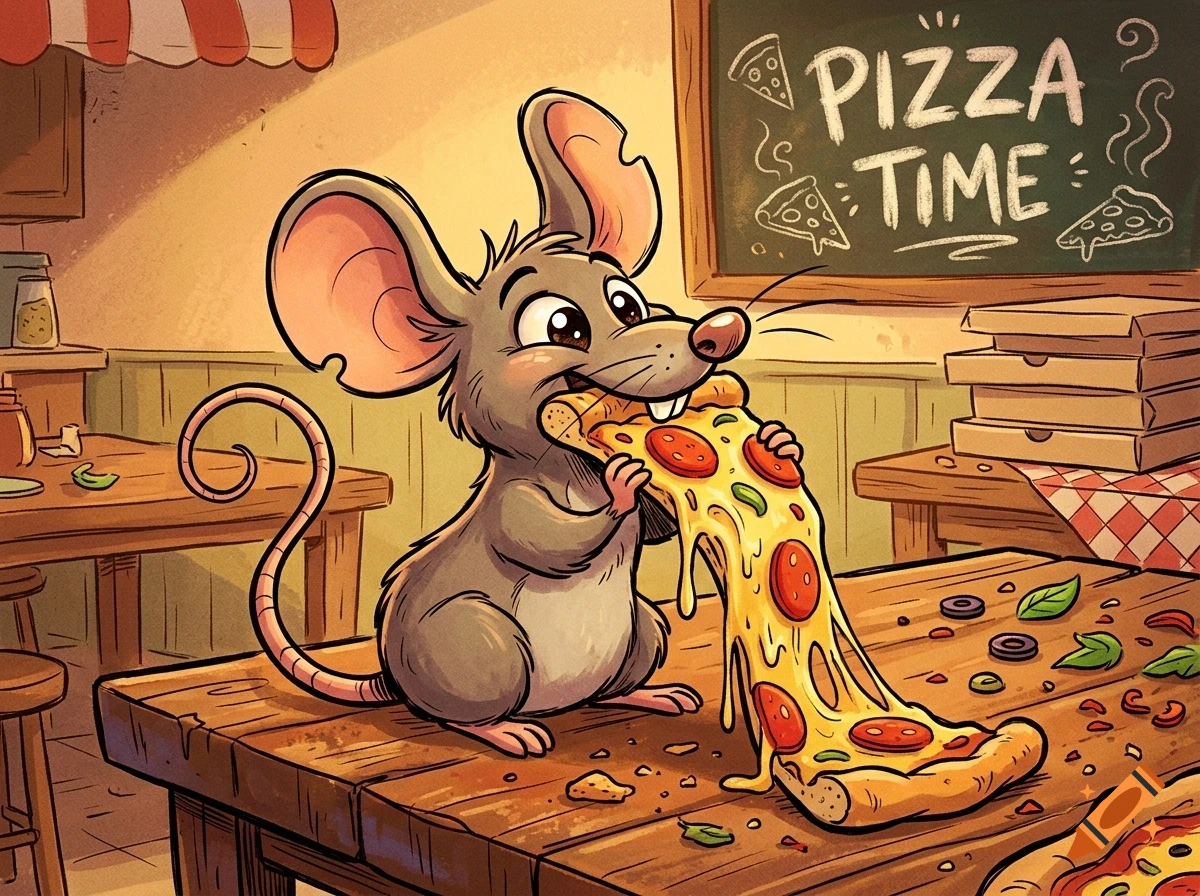 An illustration of a cartoon rat sitting at a wooden table inside a pizza shop, happily eating a slice of pizza with long, stringy melted cheese and pepperoni.