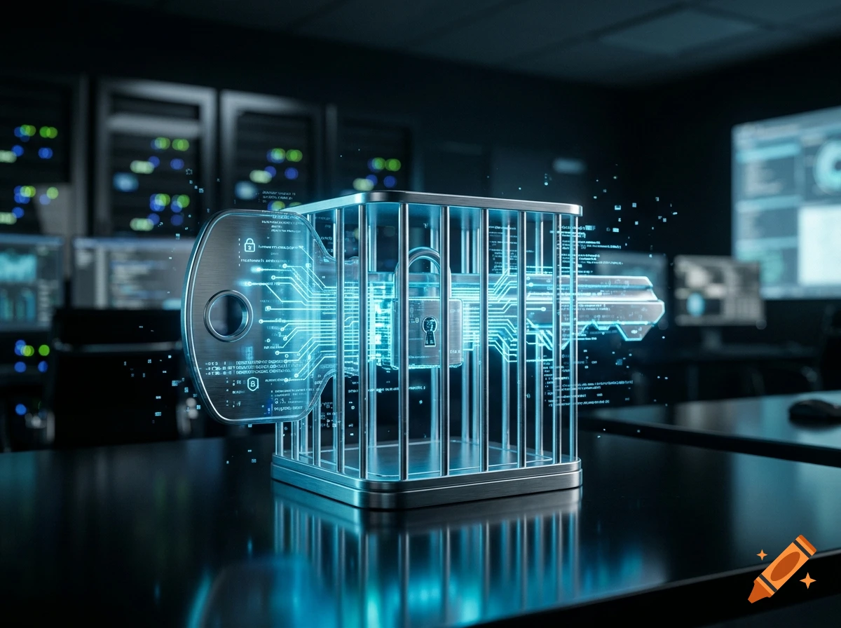 A glowing silver key inside a metal cage on a dark desk with digital data flows, set in a server room.
