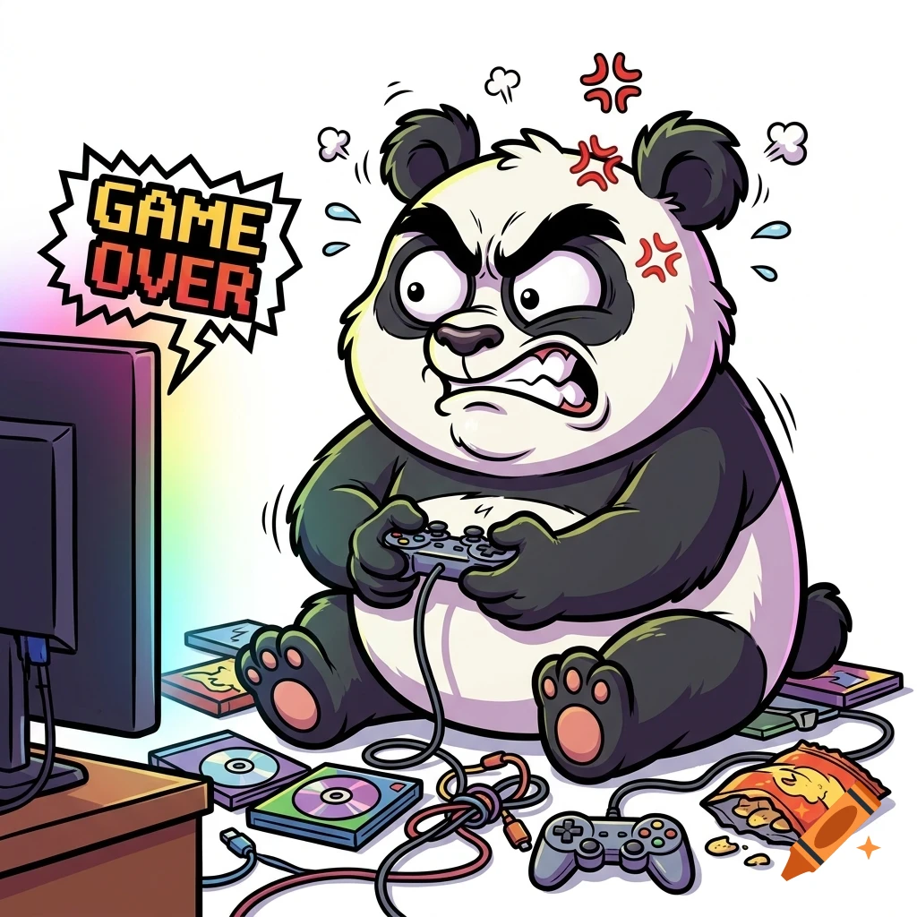 An angry cartoon panda sitting on the floor and playing video games, with a game over speech bubble on the screen.