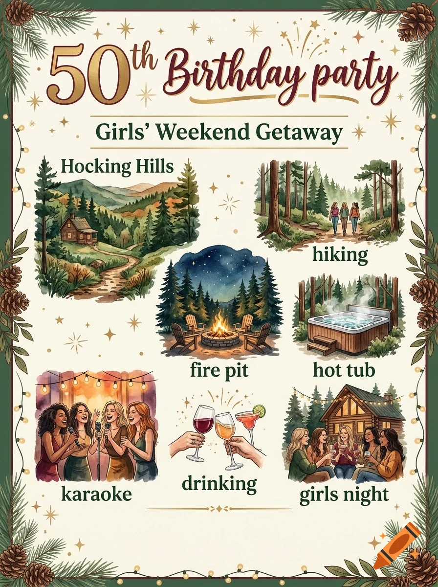 An illustrated itinerary poster for a 50th birthday party girls weekend getaway, featuring watercolor vignettes of Hocking Hills, hiking, a fire pit, hot tub, karaoke, drinking, and a cabin gathering.