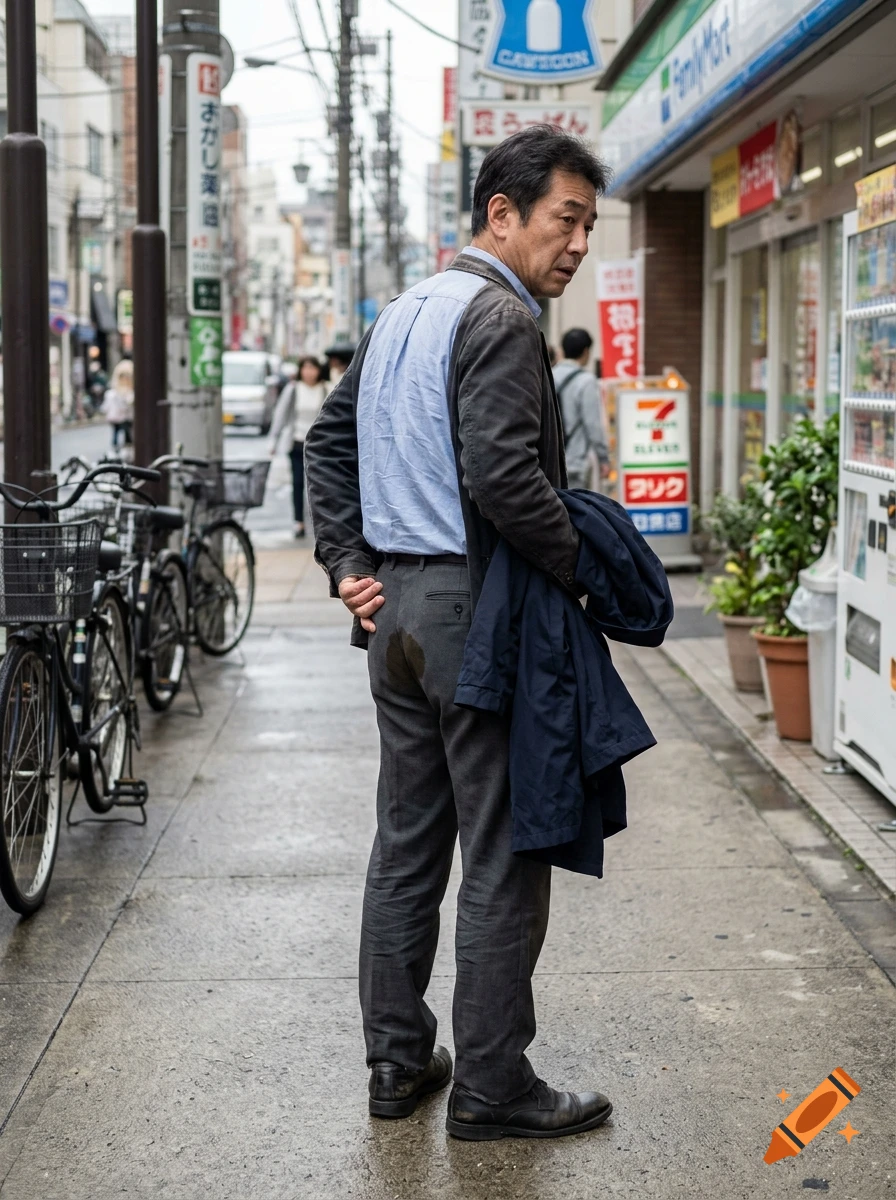 Photorealistic street view of a middle-aged Asian man standing on a wet sidewalk with a wet spot on his trousers.