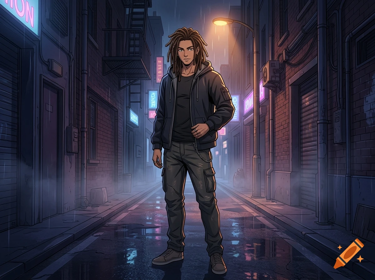 Anime style illustration of a lean male character with dreadlocks standing in a dark cyberpunk alleyway.