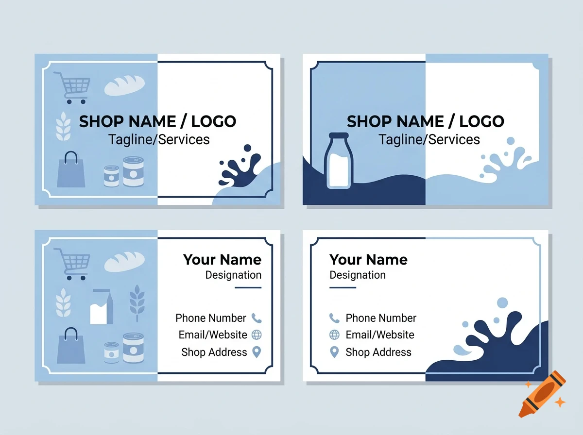 Four business card templates in blue and white featuring grocery and milk themes with placeholder text, icons, and fluid shapes.