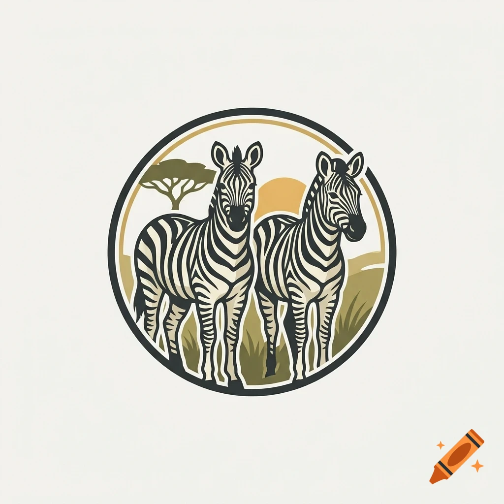 A circular emblem featuring two zebras standing in a grassy landscape with a tree and sun in the background.