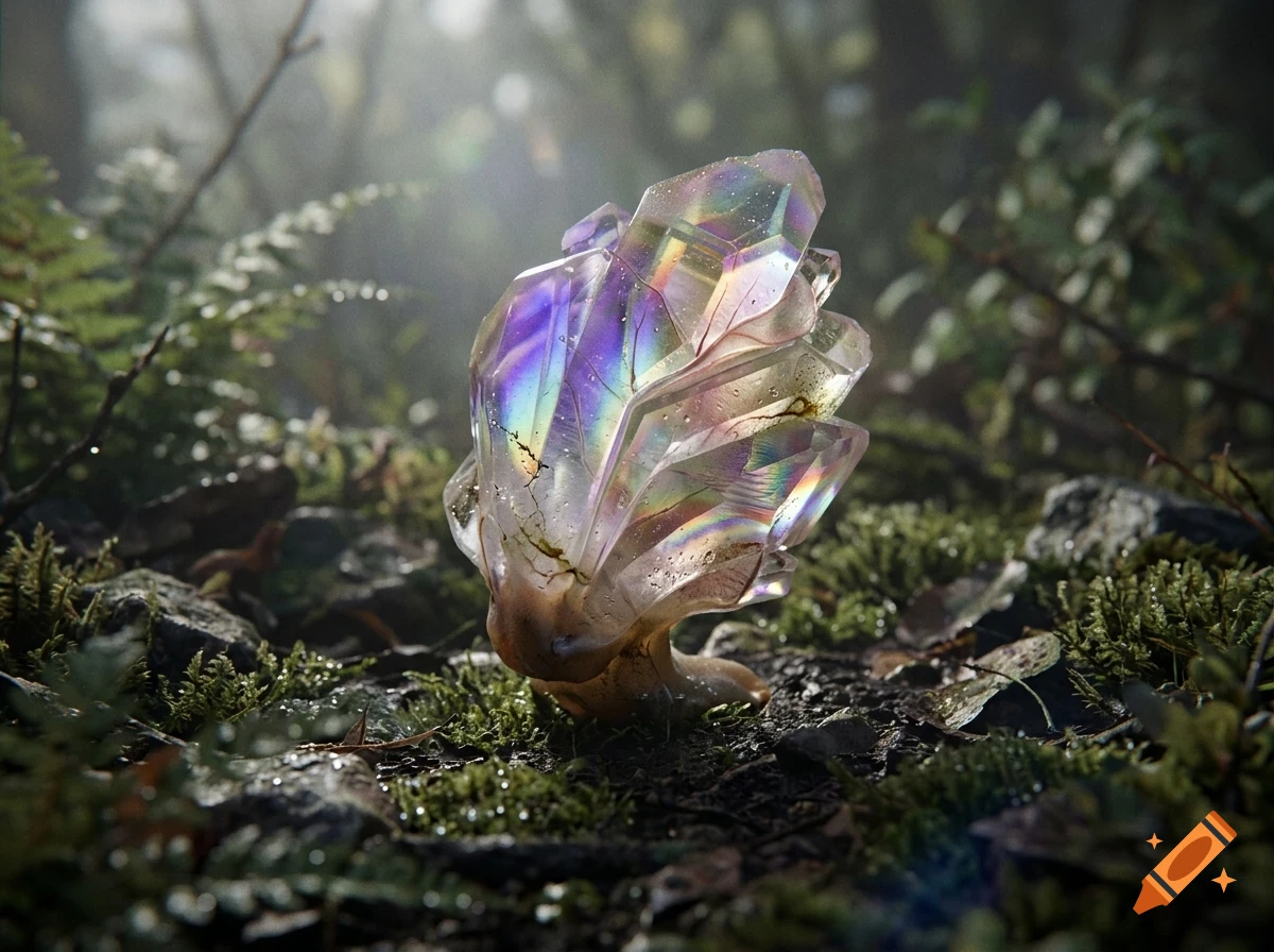 An iridescent crystal formation resting on a mossy forest floor among leaves and ferns.