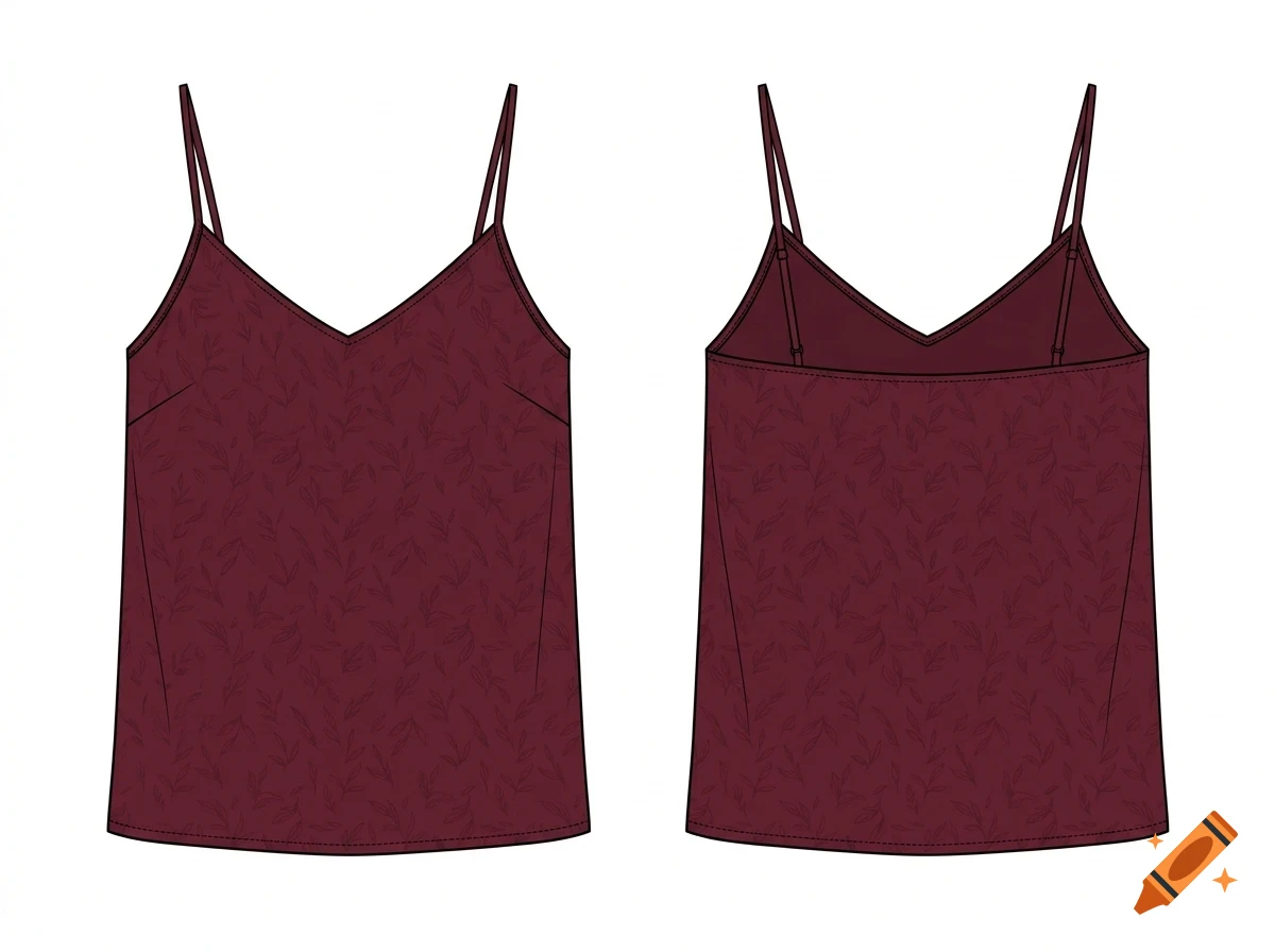 Front and back views of a maroon camisole with thin straps and a subtle leaf pattern.