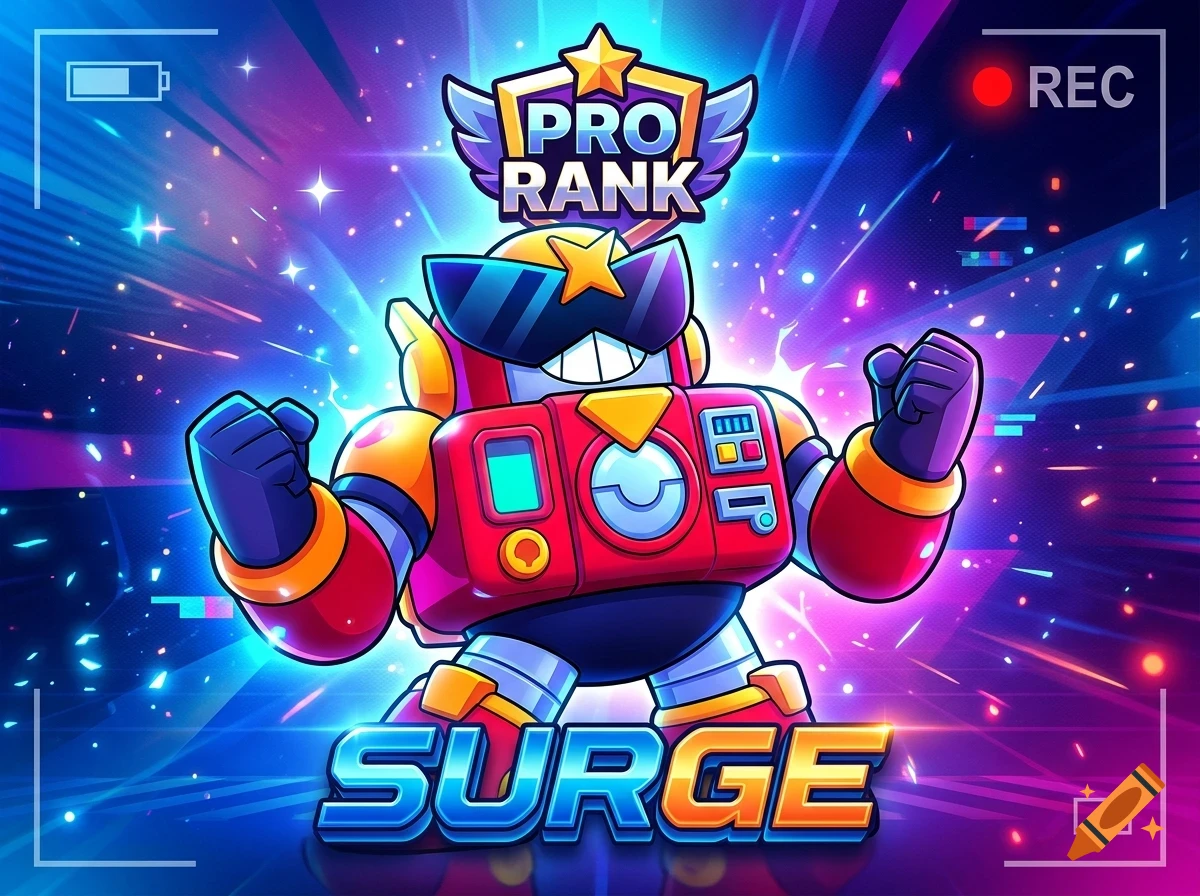 A stylized cartoon robot character named Surge with sunglasses and a winged Pro Rank emblem above it, set against a dynamic glowing blue and purple background with video recording UI overlays.