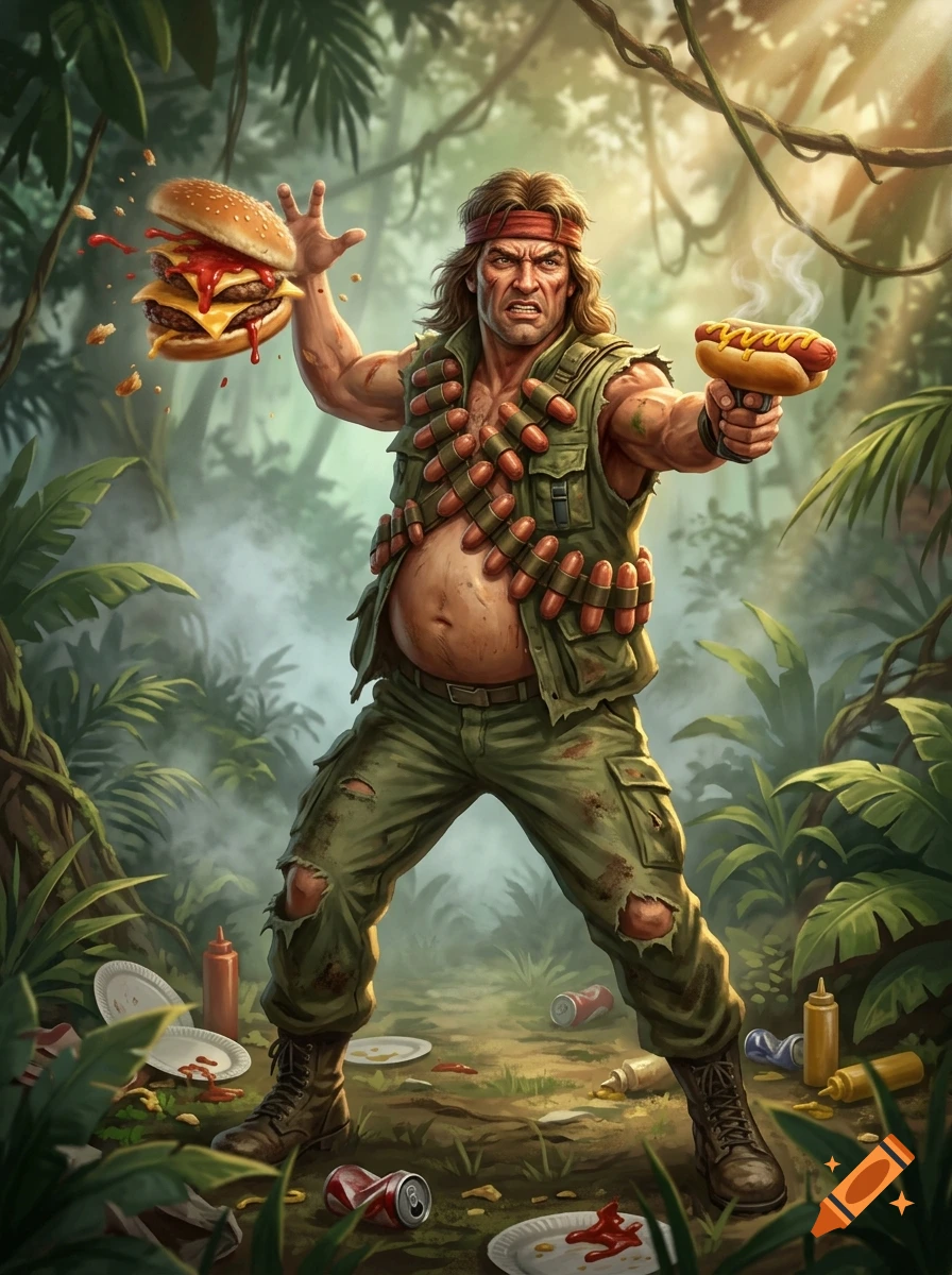 Digital illustration of a muscular soldier with a beer belly and sausage bandolier, throwing a cheeseburger and aiming a hot dog in a jungle.