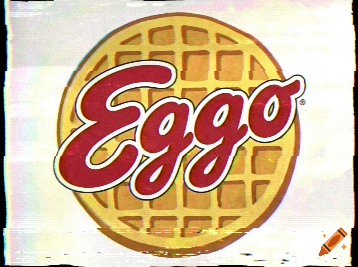 The Eggo logo showing a waffle background with red lettering, affected by horizontal glitch lines.