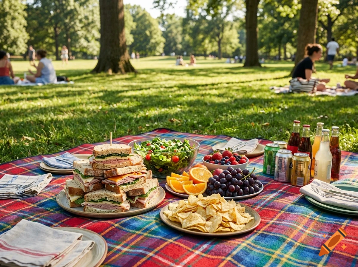 A picnic blanket spread on lush grass in a sunny park features a lavish spread with stacked sandwiches, salads, fruit, chips, and drinks.