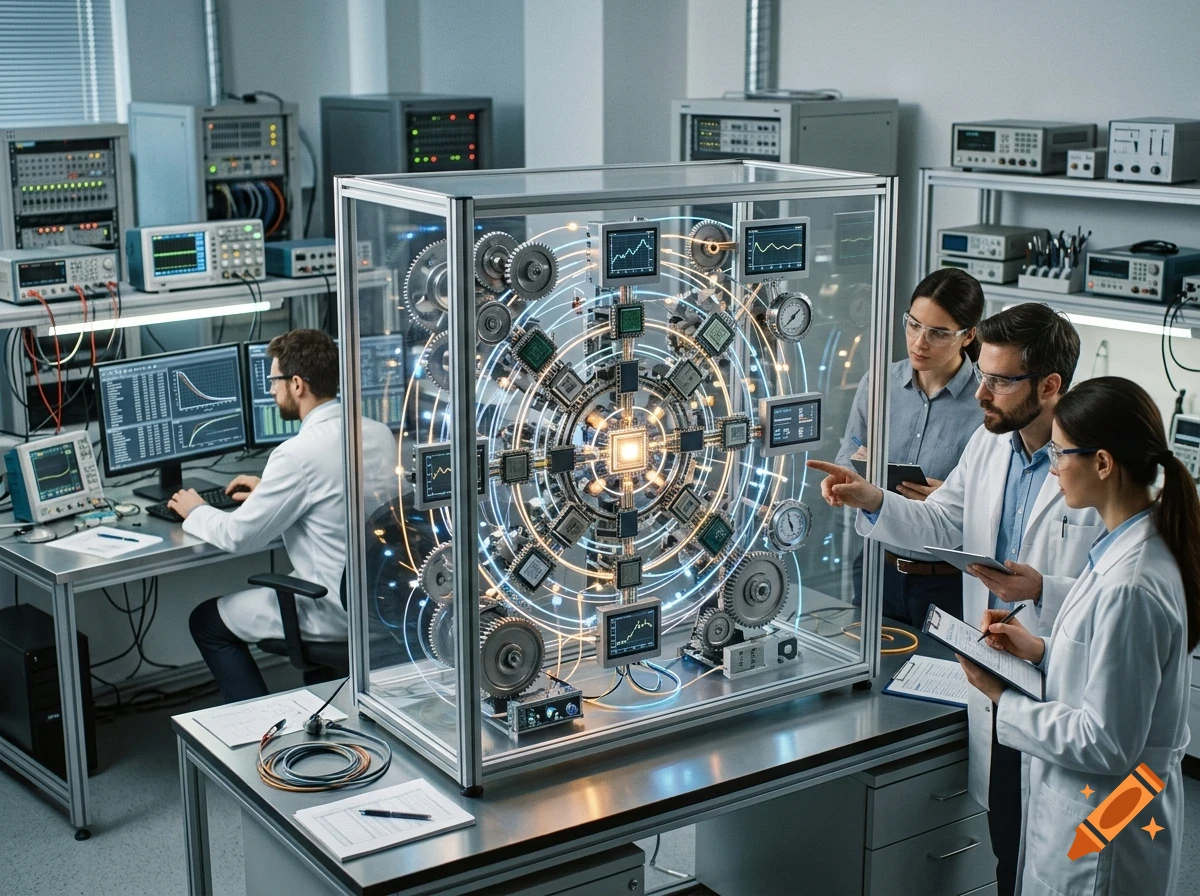 Researchers examining a complex illuminated mechanical and electronic apparatus enclosed in a glass display inside a modern laboratory.