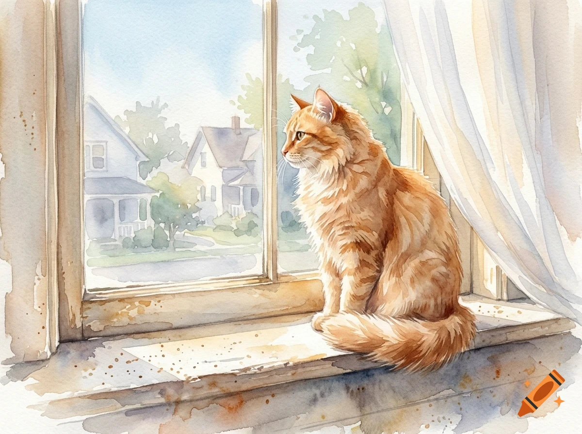 An orange tabby cat sits on a wooden windowsill, looking out a window at a suburban neighborhood with houses.