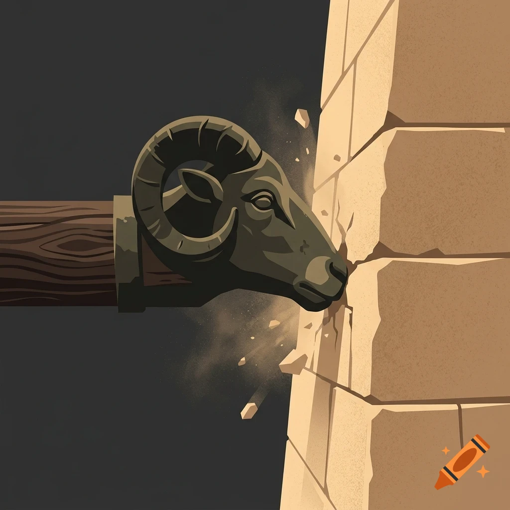 A wooden battering ram with a carved ram's head striking a stone wall, sending up dust and debris.