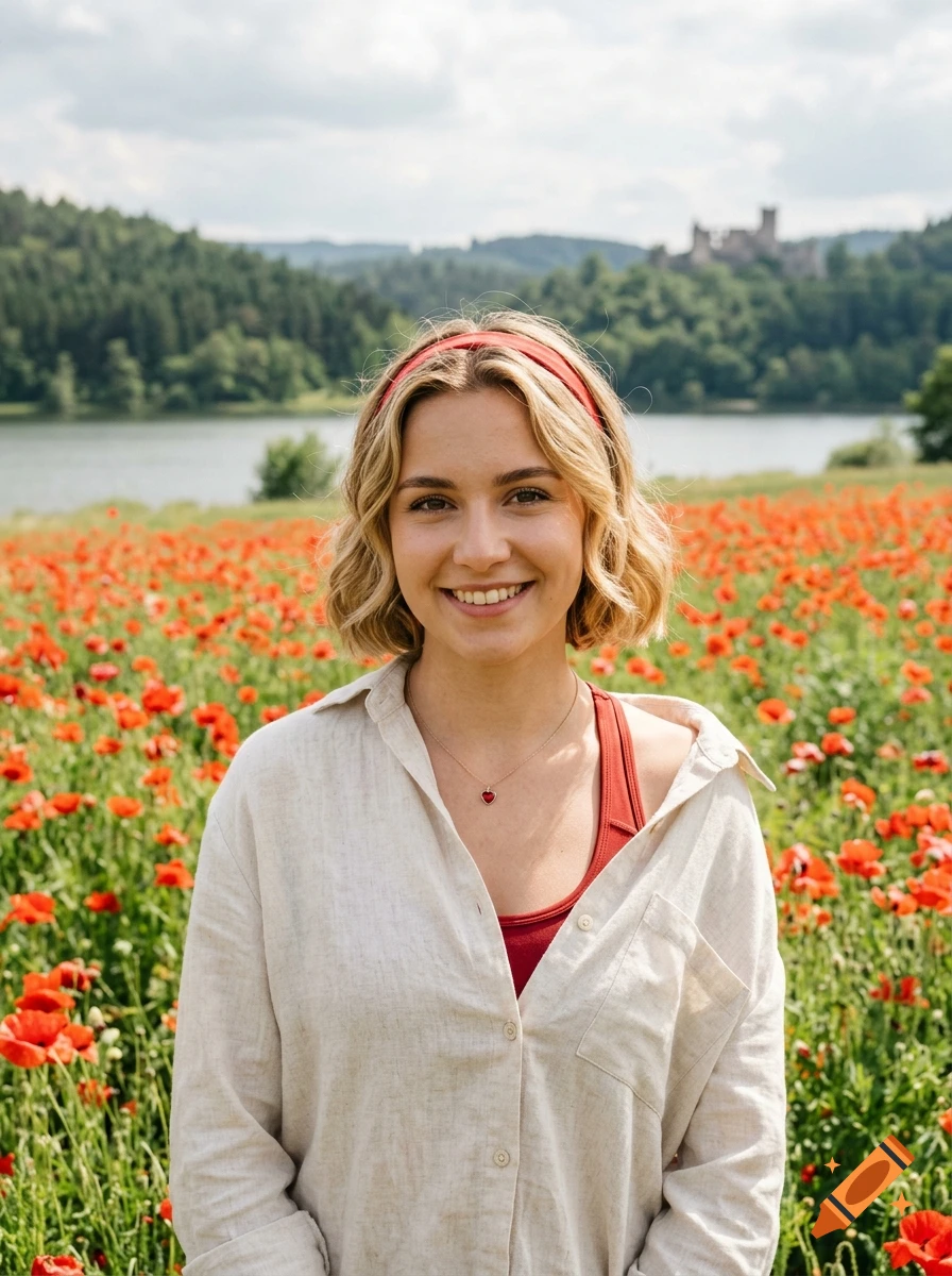 Photorealistic portrait of a young blonde woman smiling in a field of red poppies with a lake and distant castle in the background.
