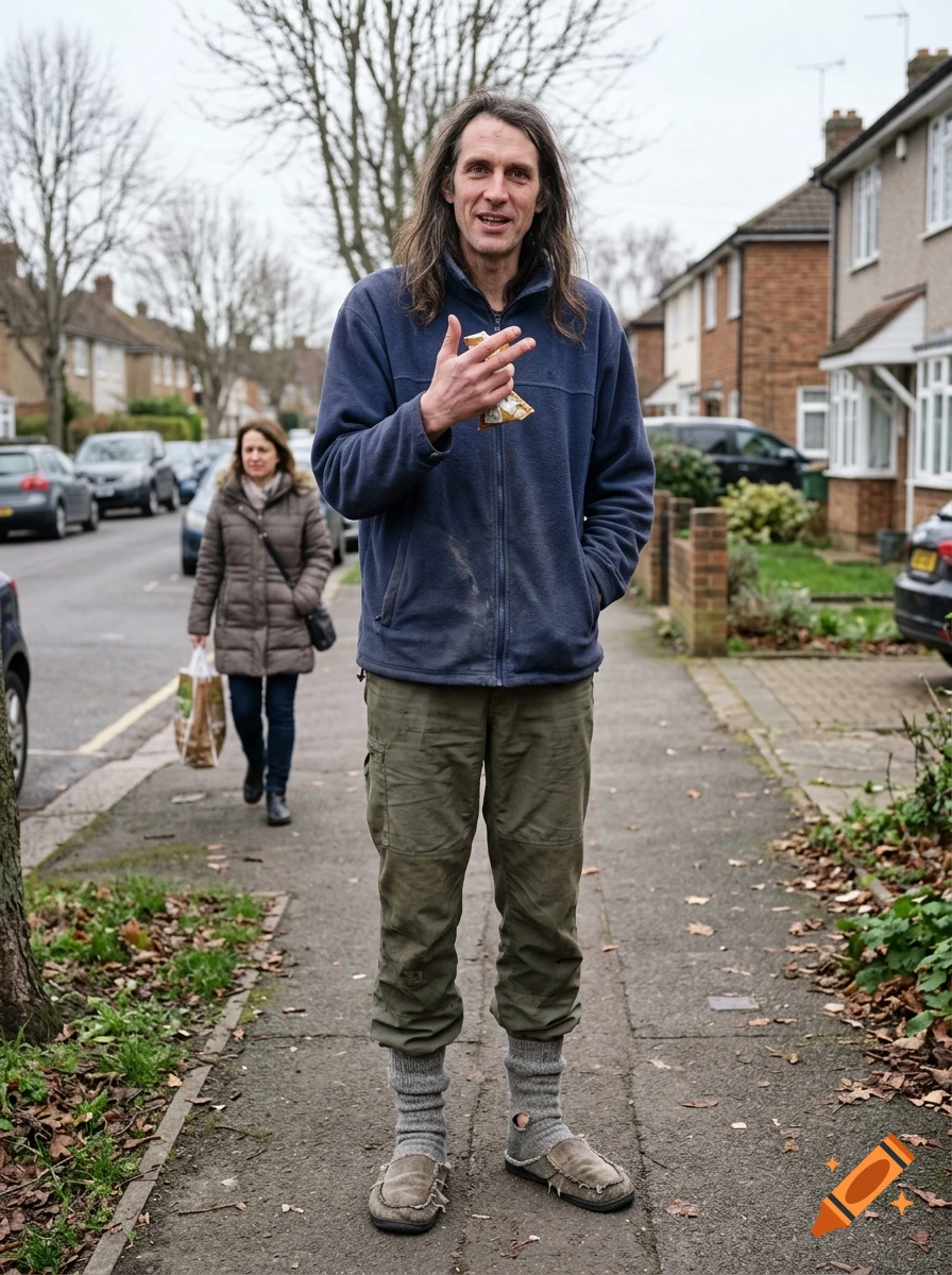 Photorealistic image of a tall, slender man with long hair standing on a suburban sidewalk, wearing a fleece jacket and slippers.