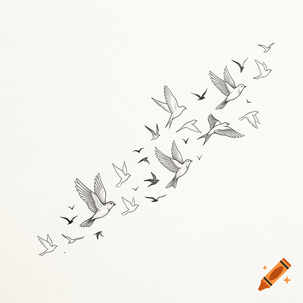 An ink and pencil drawing of a flock of birds flying diagonally across a light background.