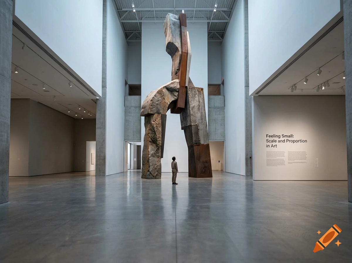 A large abstract sculpture in the center of a minimalist art gallery with a person standing underneath it, viewing the exhibit.