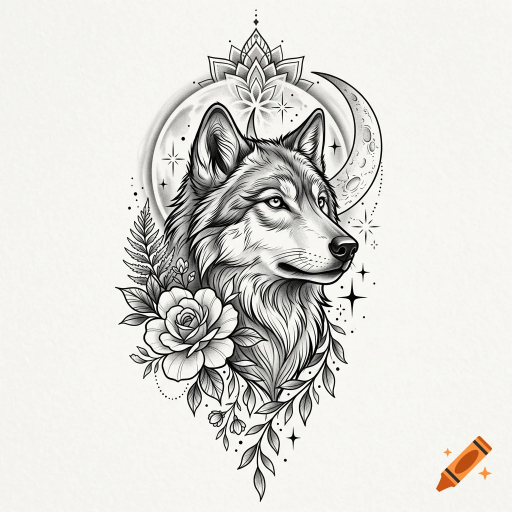 Detailed black and white ink illustration of a wolf's head surrounded by floral elements, a crescent moon, and decorative geometric patterns.
