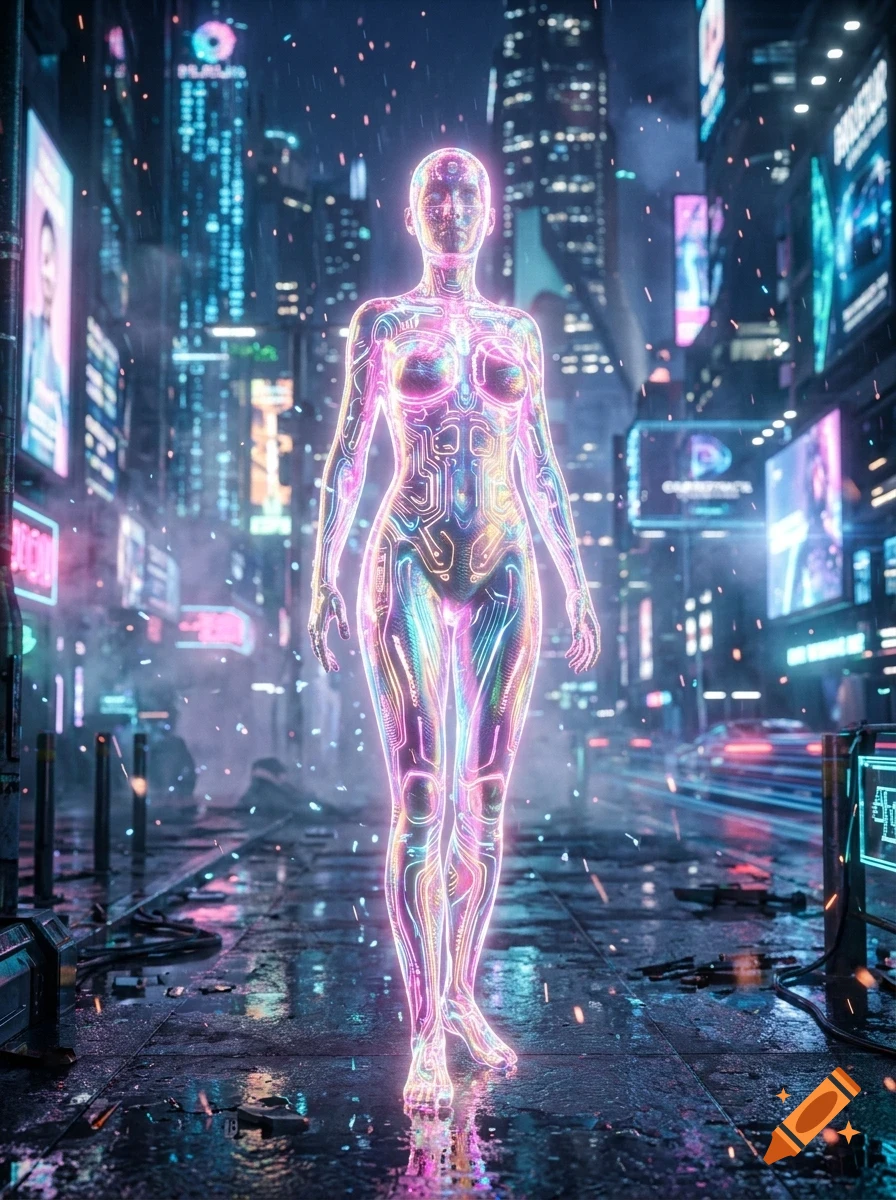 A glowing, translucent cybernetic humanoid figure standing on a wet city street at night amidst neon lights and towering futuristic buildings.