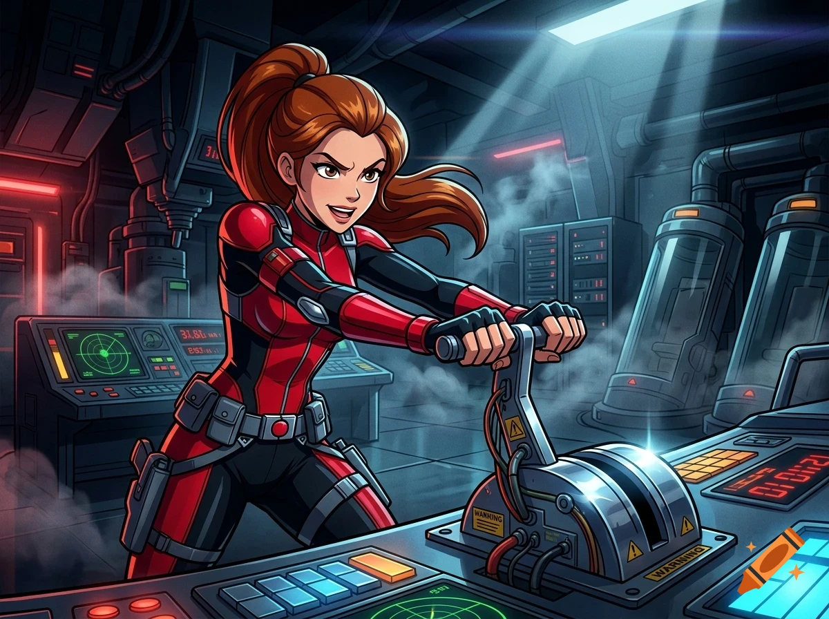 An action-oriented cartoon illustration of a woman with red hair in a ponytail, wearing a red and black jumpsuit, pulling a lever in a futuristic control room with glowing consoles and cylindrical chambers.
