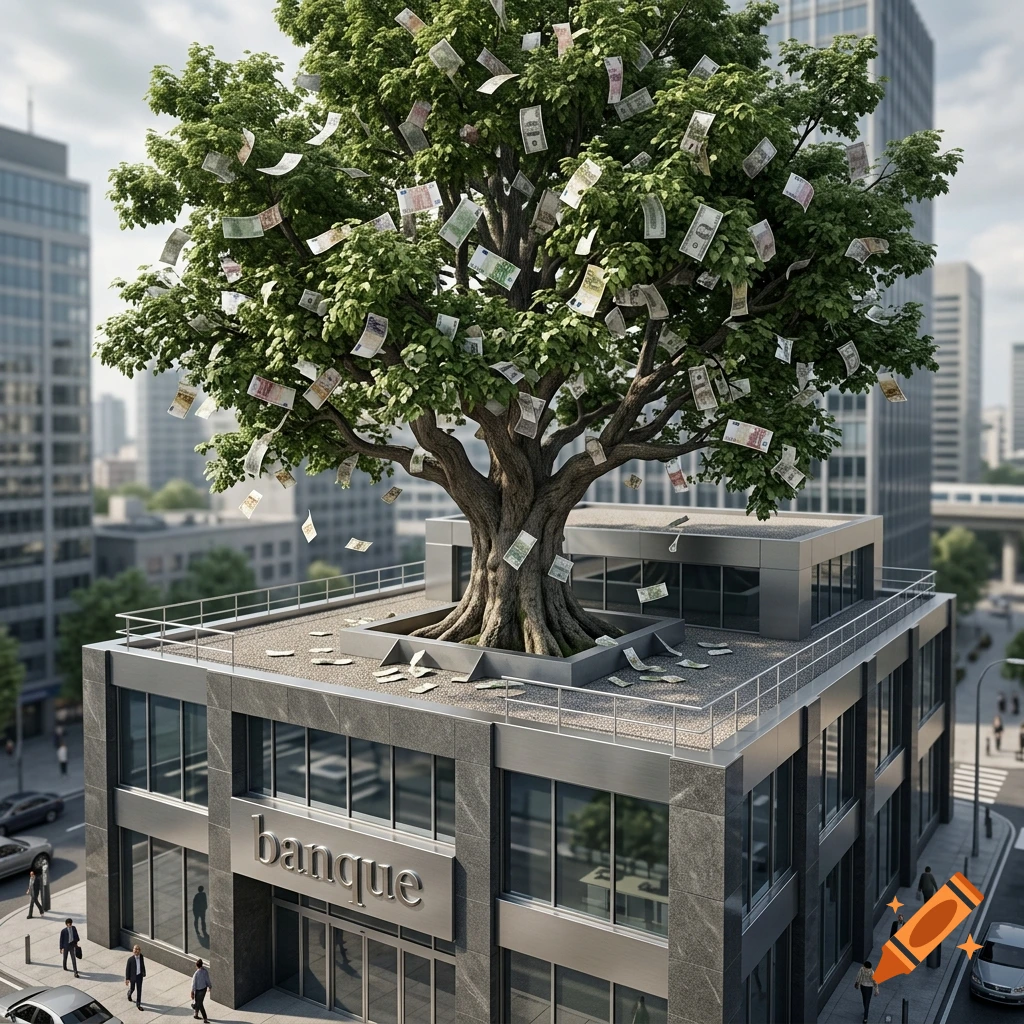Photorealistic image of a large tree with banknotes growing on its branches, rooted on the rooftop of a modern office building.