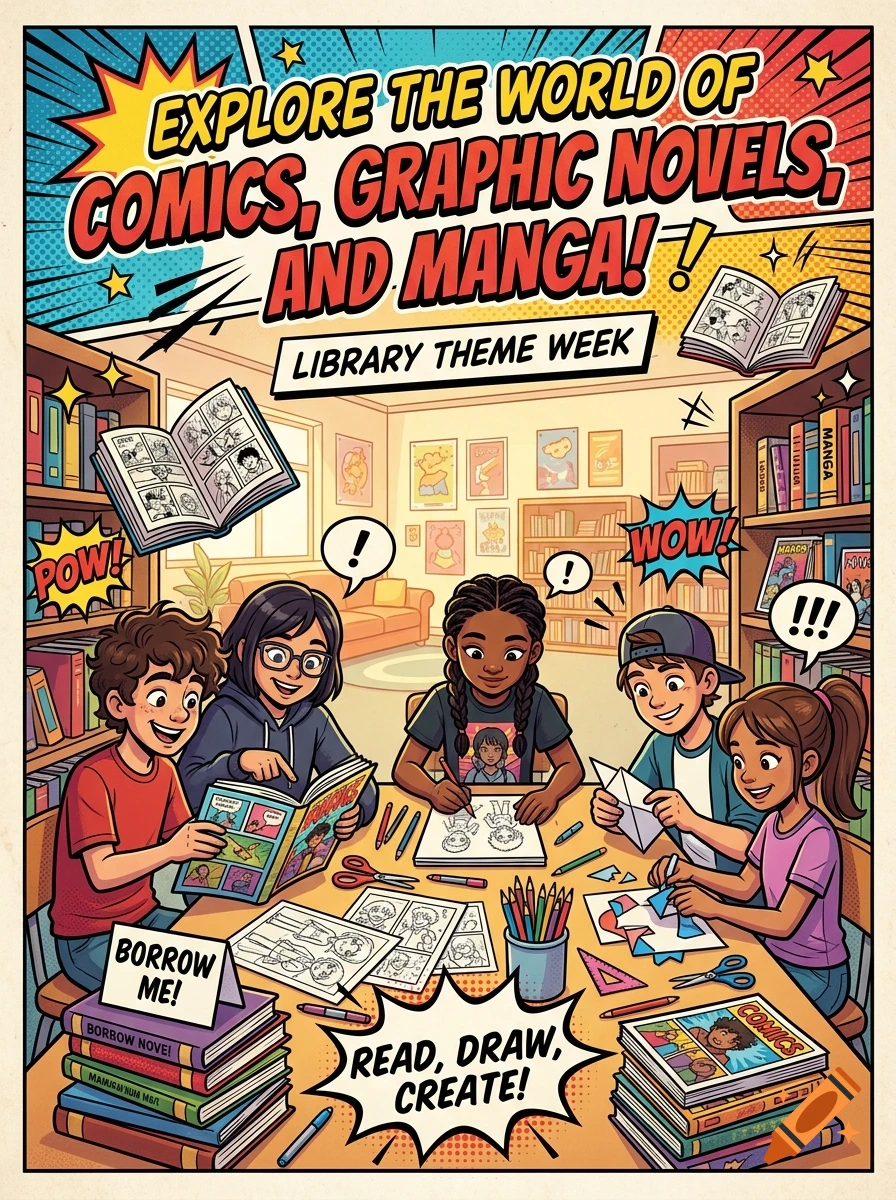 Comic book style poster depicting students reading and drawing in a library with text overlays.