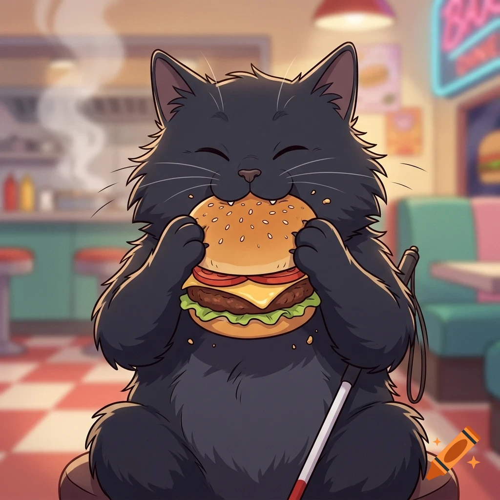 A fluffy black cat sitting in a retro diner, happily eating a large hamburger with lettuce, tomato, cheese, and a beef patty.