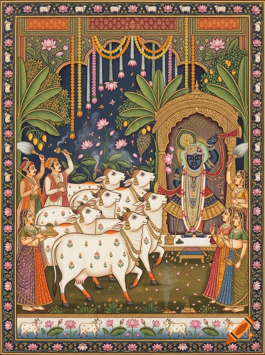 Detailed Indian miniature painting depicting Lord Krishna in a shrine surrounded by worshippers and decorated white cows amid banana trees and lotus flowers.